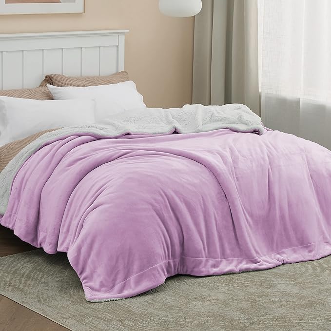 Bedsure Sherpa Fleece Blankets Queen Size for Bed - Thick and Warm, Soft Fuzzy Plush Queen Blanket for Winter, Lilac, 90x90 Inches
