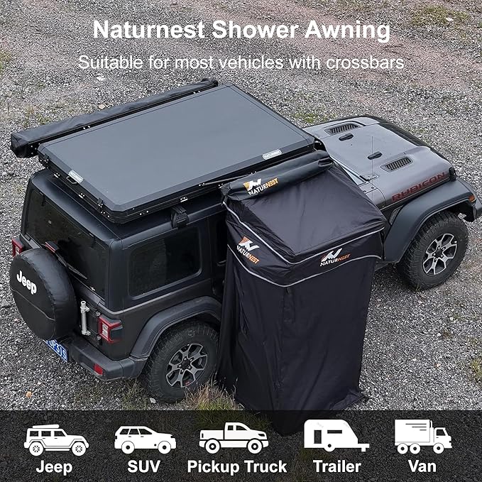 Naturnest Shower Awning, Car Camping Shower with Led Light, Roof, and Floor Mat, Portable Privacy Car Side Tents as Camping Bathroom, Restroom, Toilet