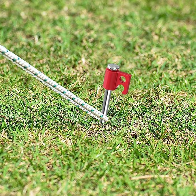 Tradesparker Tent Stakes 12-Pack 8 Inch Heavy Duty Garden Stakes Canopy Anchors - Includes Ropes for Camping Tents, Pop Up Canopies and Outdoor Events, Red