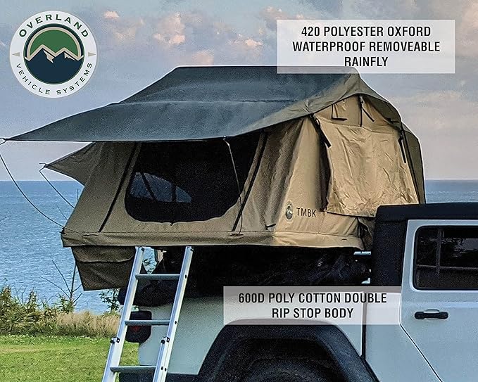 Soft Shell Rooftop Tent for SUV & Truck Camping, 3-Person - Overland Vehicle Systems TMBK - Universal Fitment with Rainfly & Ladder