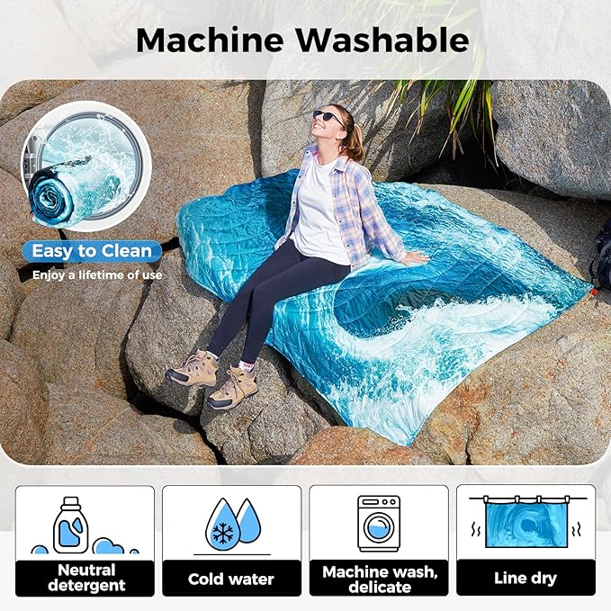 KingCamp Ultralight Camping Blanket, Packable Down Alternative Puffy Printed Wearable Blanket with Snap Buttons & Corner Loops Weatherproof Quilt for Outdoor Travel Stadium (79"L x 57"W SEAWAVE)