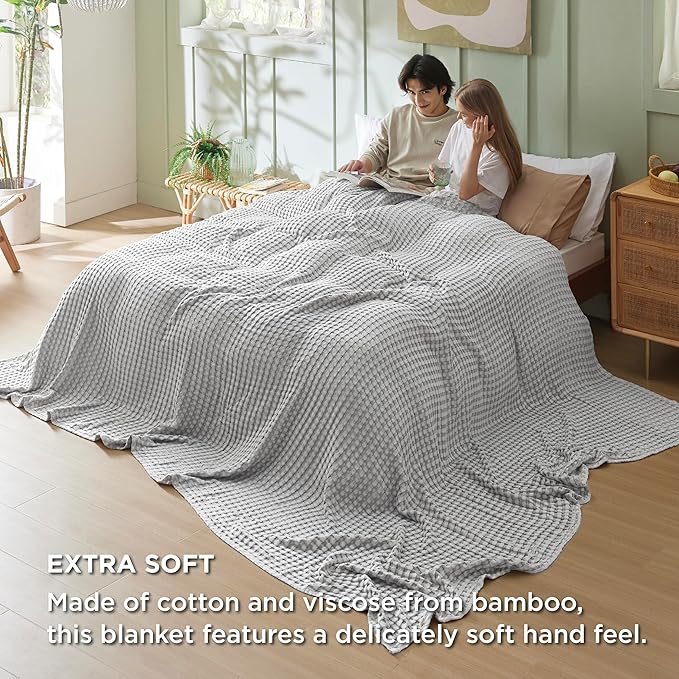 Bedsure Cooling Cotton Waffle Oversized King Blanket - Lightweight Breathable Blankets Rayon Derived from Bamboo for Hot Sleepers, Luxury Throws for Bed and Sofa, Grey, 120x96 Inches
