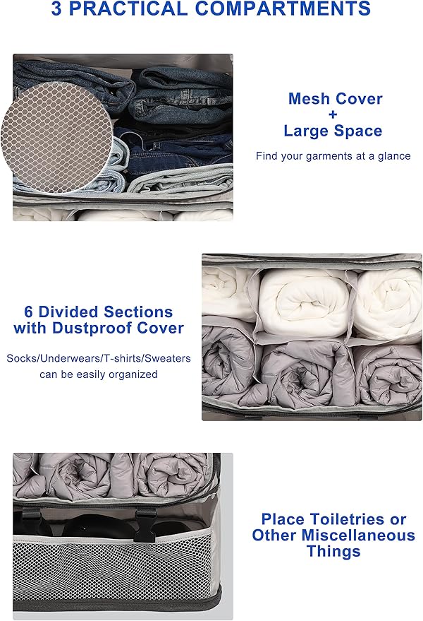 ELEZAY Hanging Packing Cubes Portable Closet 3-Shelf Travel Collapsible Compression Garment Organizer for Carry-on Luggage Suitcase Space Saver Bag XX-Large_No Side Pockets, Lightgrey