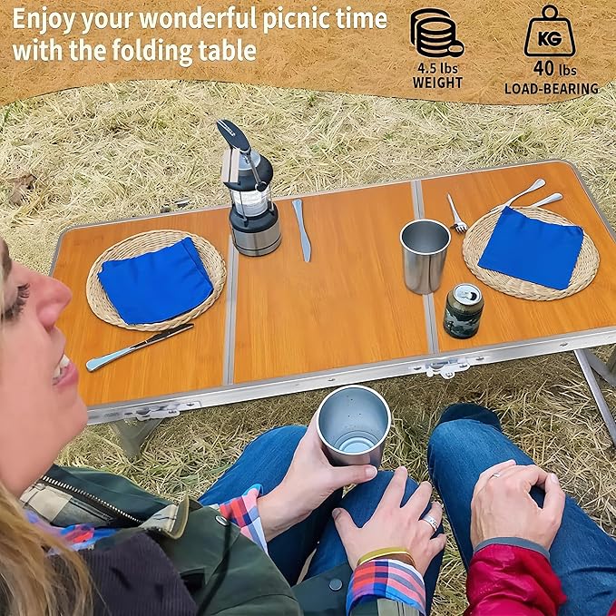 Folding Camping Table,3 Feet Portable Outdoor Table with Aluminum Legs,3 Fold Lightweight Beach Table with Handle,Camping Accessories for Home Picnic BBQ Garden Cooking