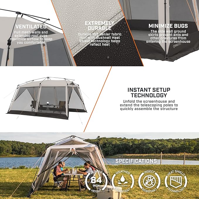 Bushnell Screenhouse with Instant Setup Technology | 14' x 10' Large Size with Extended Eaves Poles to Maximize Space For Camping & Hiking, For 8 Person