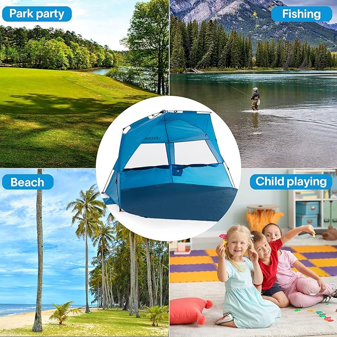 LEEDOR® Beach Tent Sun Shelter Instant Beach Umbrella with UPF 50+ UV Portable Windproof Pop Up Shade for 3 to 4 Person for Family Patent Pending