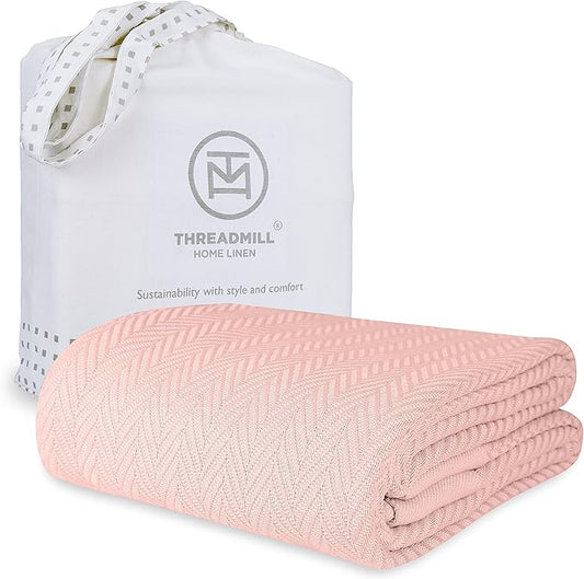 Threadmill Luxury Cotton Blankets for King Size Bed | All-Season Cozy 100% Cotton King Size Blanket | Herringbone Soft Fall Thermal Blanket fits Cal King Size Bed | English Rose