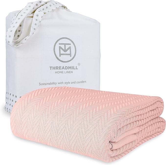 Threadmill Luxury Cotton Blankets for Queen Size Bed | All-Season 100% Cotton Queen Size Blanket | Herringbone Cozy, Soft Breathable Fall Thermal Blanket fits Full Size Bed | English Rose