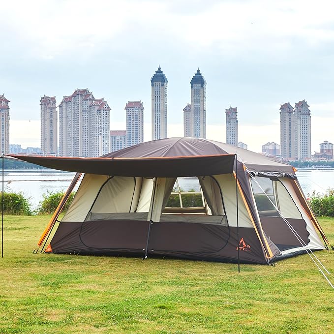 KTT Extra Large Tent 12 Person(A),Awning Family Cabin Tents,2 Rooms,4 Doors and 4 Windows with Mesh,Straight Wall,Waterproof,Double Layer,Big Tent for Outdoor,Picnic,Camping,Family Gathering。
