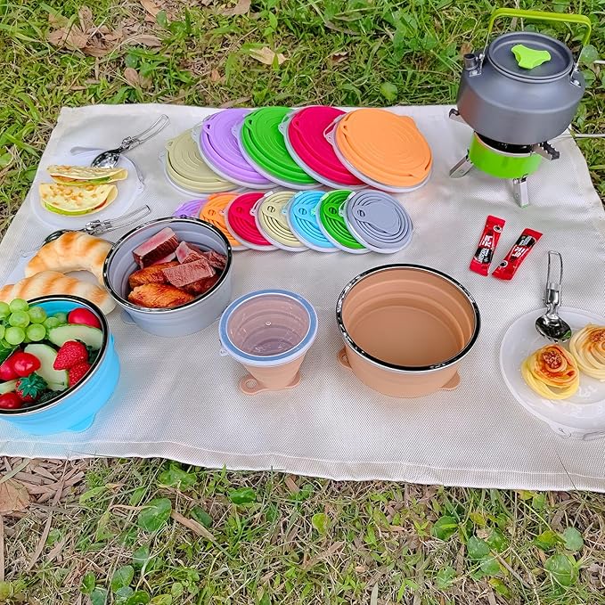Mess Kit for Camping Silicone Collapsible Bowl Collapsible Cup and Stainless Steel Spoon for Backpacking Outdoor Hiking Traveling and Picnic