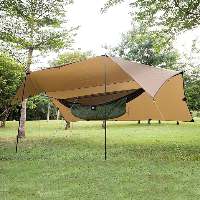 OneTigris Bulwark Camping Tarp, 100% Waterproof Bushcraft Shelter, Lightweight Hammock Rain Fly Portable Anti UV Large 12.8ft x 9.5ft