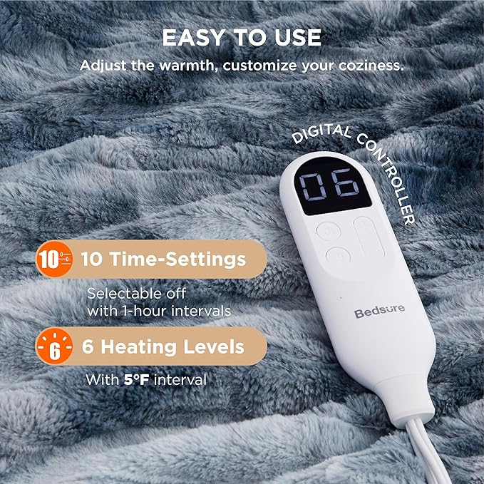 Bedsure Electric Blanket Twin - Faux Fur Sherpa Heated Blanket Twin Size, Fast Heating with 6 Heating Levels & 10 Time Settings, 8 Hours Auto-Off (62x84 inches, Navy)