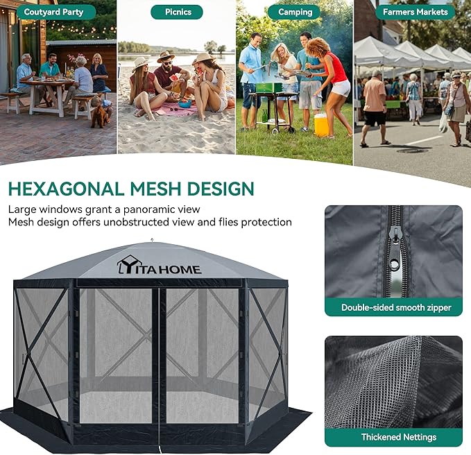 YITAHOME 11.5x11.5ft Camping Gazebo, Portable Pop Up Canopy Outdoor Screen Tent 6 Sided with Mesh Windows and Carry Bag for Camping, Picnic, Backyard Party Outside Activities, Gray