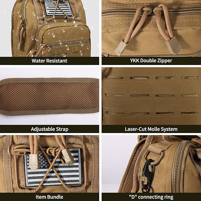 BOMTURN Tactical Backpack-1000D Waterproof Military Backpack/Laser-Cut/CCW Bags Sling Bag Tactical Satchel Shoulder Bag Men