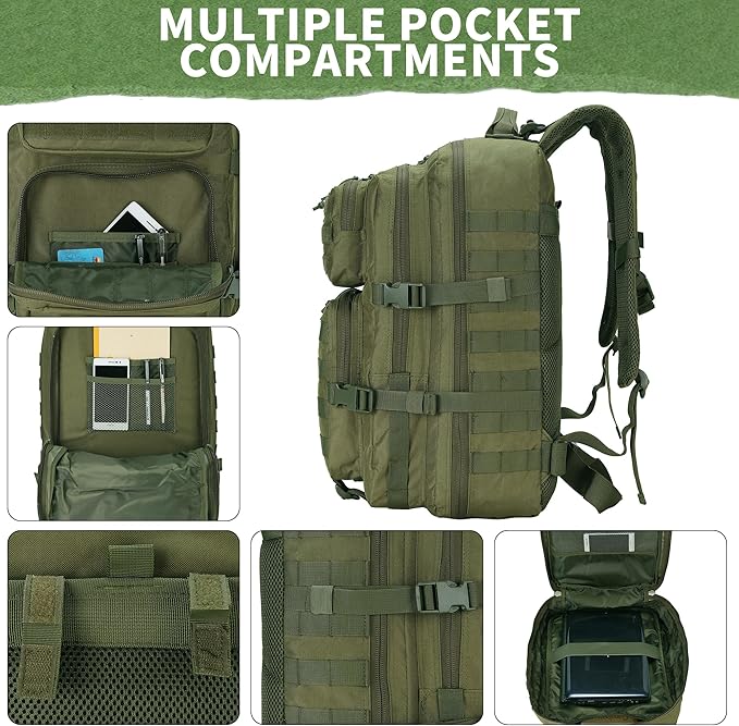 45L Military Tactical Backpacks 3 Days Assault Pack Bag Fitness Rucksack 3 Day Bug Out Bag Hiking Treeking Molle Daypack (ArmyGreen)