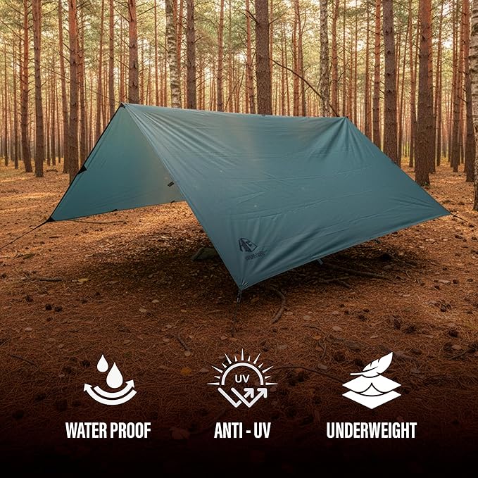 Camping Tarp 10x10 ft (3x3 m) Waterproof Lightweight Rain Fly - Backpacking, Hammock Shelter, Emergency Survival Tent, Durable, Compact All-Weather Cover