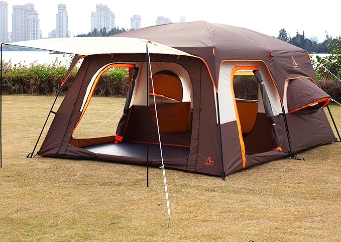 KTT Extra Large Tent 6-10-12-14 Person(Style-B),Family Cabin Tents,2 Rooms,3 Doors and 3 Windows with Mesh,Straight Wall,Waterproof,Double Layer,Big Tent for Outdoor,Picnic,Camping,Family Gathering