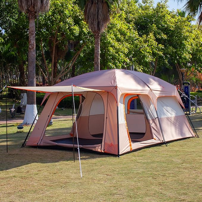 KTT Extra Large Tent 6-10-12-14 Person(Style-B),Family Cabin Tents,2 Rooms,3 Doors and 3 Windows with Mesh,Straight Wall,Waterproof,Double Layer,Big Tent for Outdoor,Picnic,Camping,Family Gathering