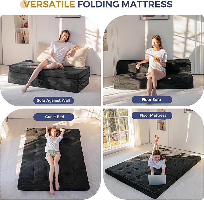 MAXYOYO Folding Mattress, 4 Inch Tufted Foldable Mattress Full Foam Bed, Tri-Fold Floor Couch with Handles Guest Bed Topper Portable Camping Mat with Corded Fabric, Full Size, Black