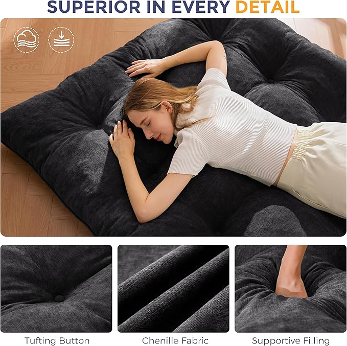 MAXYOYO Floor Mattress Queen Size, 6" Chenille Japanese Futon Mattress Foldable Floor Bed for Adults Tufted Roll Up Floor Couch Bed, Tatami Mat Sleeping Pad for Living Room, Bedroom, Black