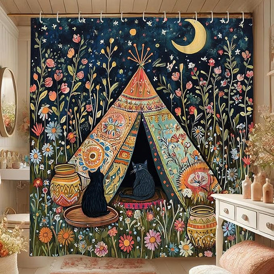 Bohemian Cats Shower Curtain, Colorful Floral Camping Tent Shower Curtain for Bathroom Décor, Summer Nature Inspired Waterproof Fabric Curtain Set with Hooks 62x72 Inch