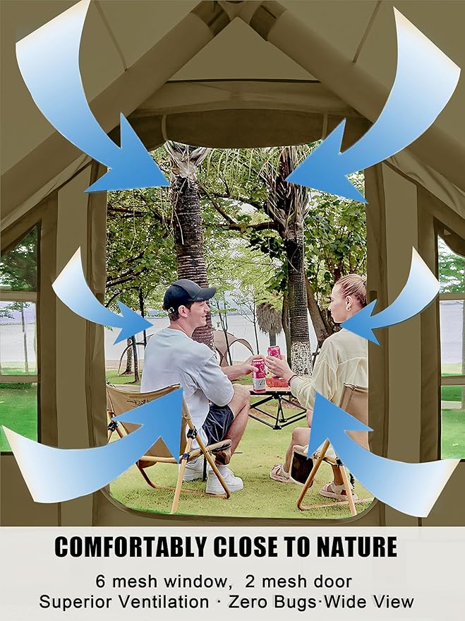 Inflatable Tents with Hand Pump Hot Tent with Stove Jack Easy Blow Up Glamping Tent with Mesh Windows, 4-6 Person Instant Family Camping Tents Waterproof for 4 Seasons