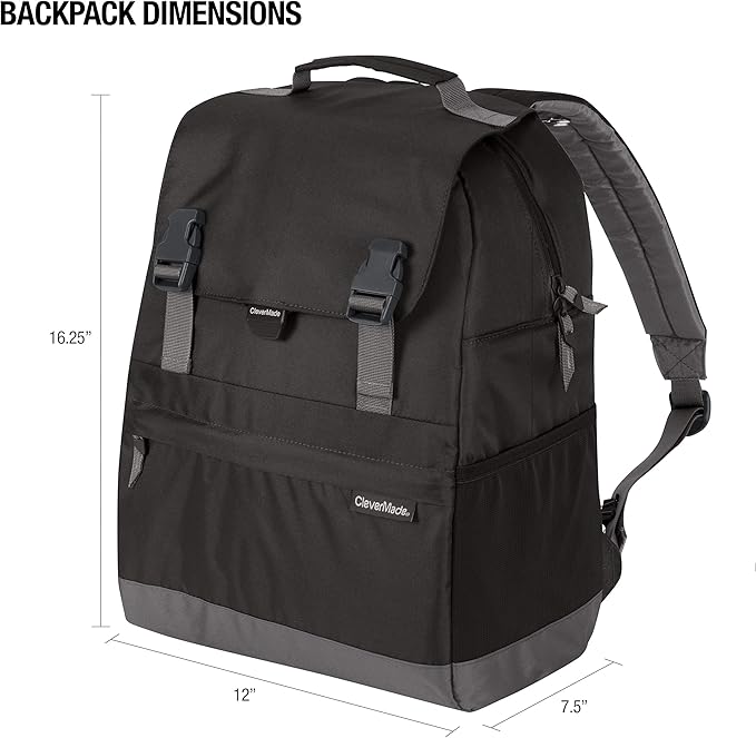 CleverMade Insulated Backpack Cooler Bag - 18 Can Leakproof Cooler Backpack with Bottle Opener, Outer Zippered Storage and Mesh Side Pockets for Lunch, Work, Picnic, and Camping - Charcoal
