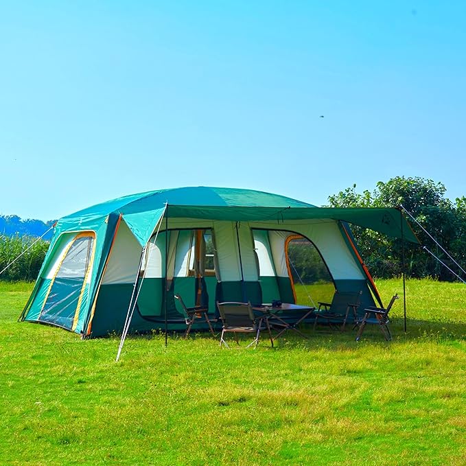 KTT Extra Large Tent 12-14 Person,Family Cabin Tents,2 Rooms,Straight Wall,2 Doors 4 Windows with Mesh,Waterproof,Straight Wall,Big Tent for Outdoor,Picnic,Camping,Gathering(Brown)