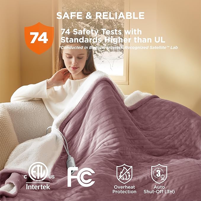 Bedsure Electric Blanket Full Size - Soft Flannel Heated Blanket, Fast Heating with 10 Time Settings & 6 Heat Settings, Warm Gift for Grandma (72x84 inches, Woodrose)