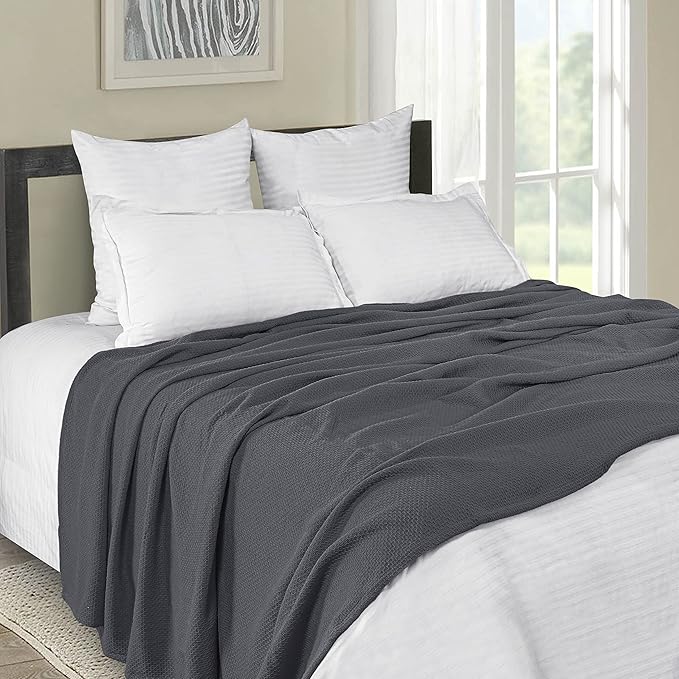 BOUTIQUO 100% Cotton Bed Blanket, Breathable Thermal Twin Size, Soft Honeycomb Waffle Blanket 60"x90", Perfect for Layering Any Bed for All Season, Charcoal Grey