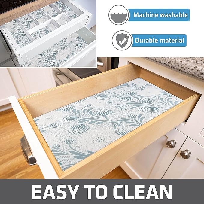 Drymate Premium Luxury Shelf & Drawer Liner, Thick Cushioned Fabric, Non-Adhesive, Absorbent, Waterproof, Slip-Resistant, Liners for Kitchen Cabinets (USA Made)(12”x59”)(24-Pack)(Light Blue)