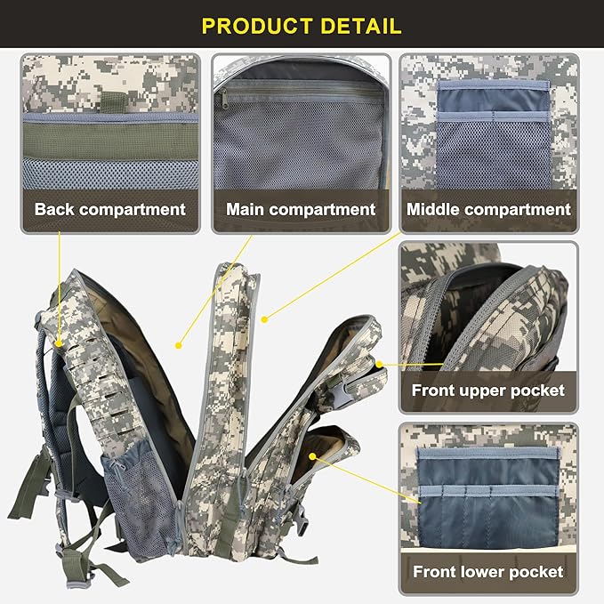 Zavothy 45L Military Tactical Backpack, Army 3-Day Assault Pack Bug Out Bag for Hiking Camping | Army, Bag, Large Rucksack, with Molle System
