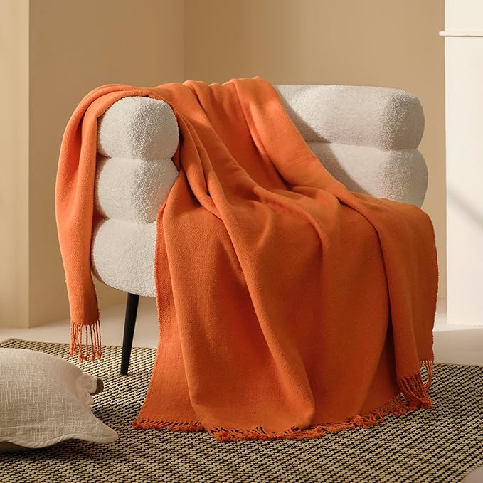Double Stitch Cashmere Cotton Throw Blanket, 5% Mongolian Cashmere & 95% BCI Cotton Blend Blankets, Fall Elegant Blanket with Fringes, Cozy Warm Blanket for Couch Bed, Orange, 50x60 inches