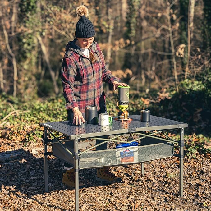 OUTSIDER Folding Camping Table, Portable Roll-up Outdoor Lightweight Aluminum Camp Table for Picnic BBQ Backyards Beach, Large Storage Mesh Pocket and Carrying Bag Included