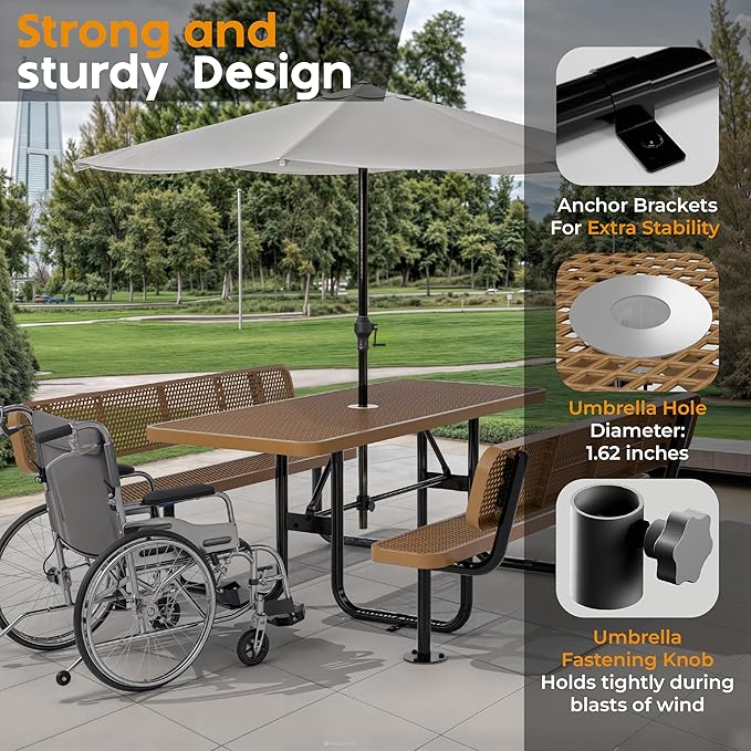 Metal Picnic Furniture for Outdoors with Umbrella Hole - Coated Steel Heavy Duty Commercial Grade Table with Adjustable Seats, Patio Set for a Lifetime (Brown, 6' Rectangular with Back)