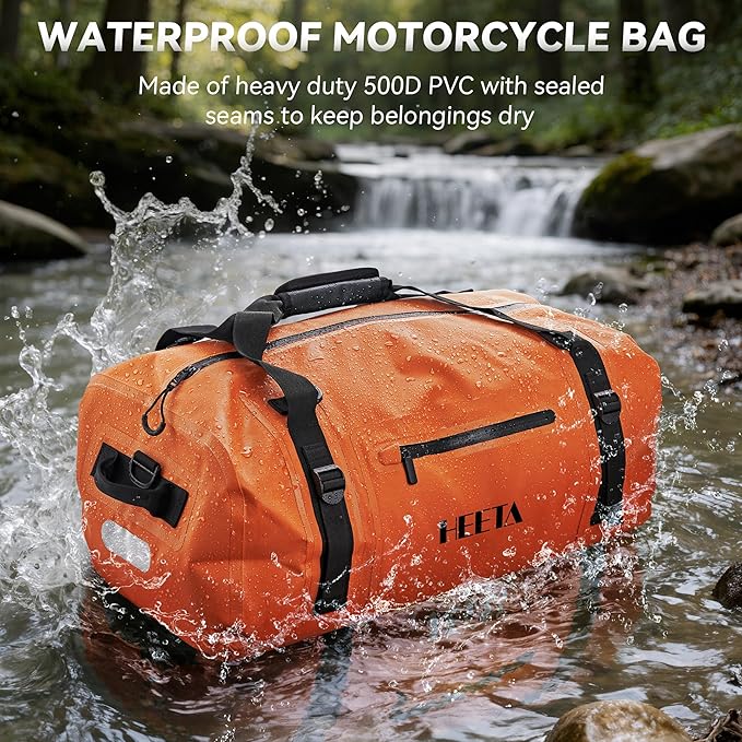 HEETA Waterproof Motorcycle Dry Bag, Waterproof Duffel Luggage Travel Bags with Zippered Closure & Pocket, Shoulder Straps, Large Space for Motorcycling Camping Commuting Boating (Orange, 70L)