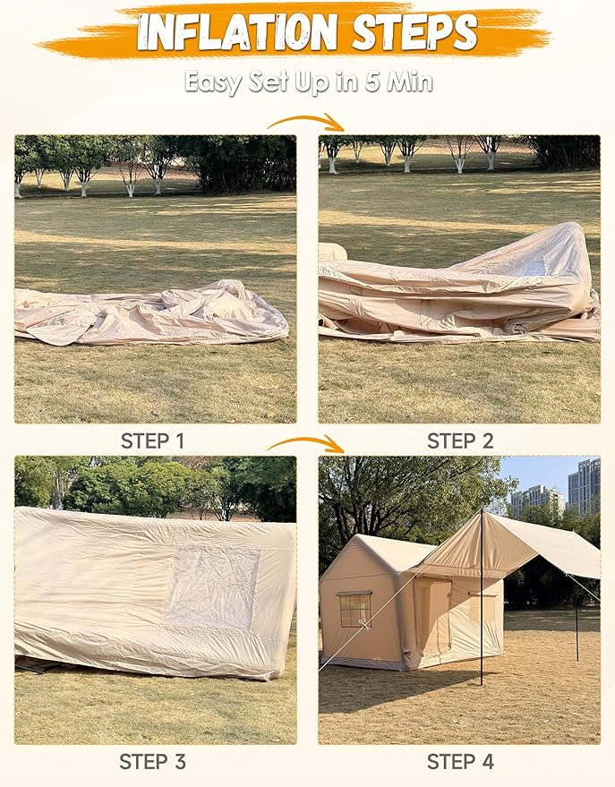 Luxury Glamping Inflatable Tent House for 6-8 Person, 118"x158" XL Awning, 6.3" Extra Thick Air Beams (Stronger Than 5"), Heavy Duty Waterproof Oxford, Fast Setup Camping Tent with Pump & Bag