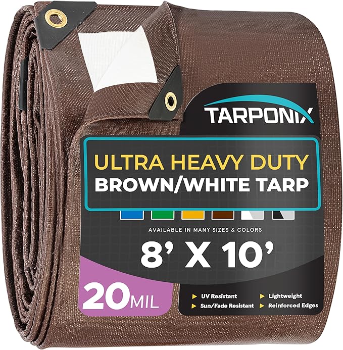 8' x 10' Ultra Heavy Duty Tarp – 20 Mil Brown/White Waterproof Outdoor Cover, UV Protection, Reinforced Corners, Ideal for Camping, Tent, and Outdoor Use