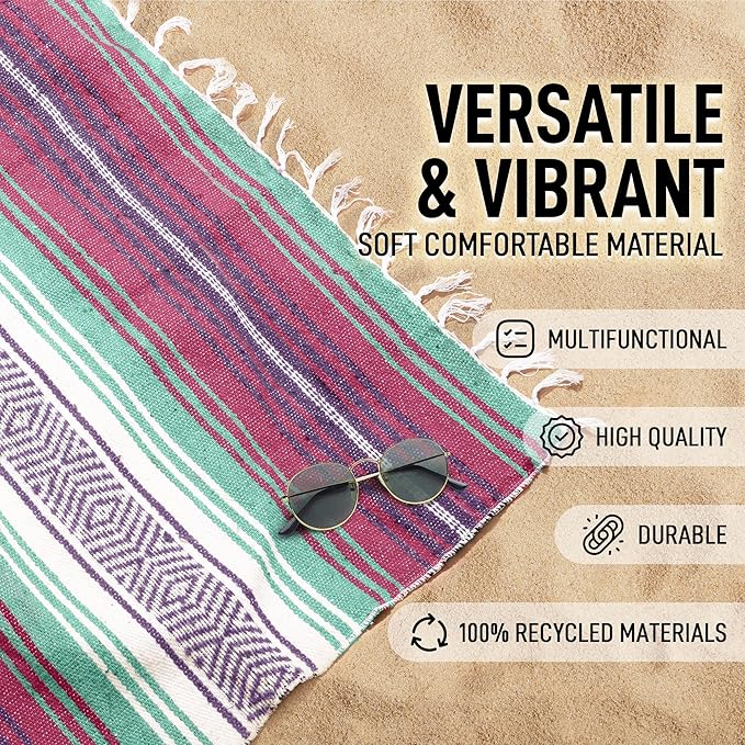 Hydration Nation Authentic Extra Large Mexican Blanket (70"x50") - Handwoven Yoga, Serape- Artisanal Falsa, Beach, Camping, Picnic, Outdoor - Dawn