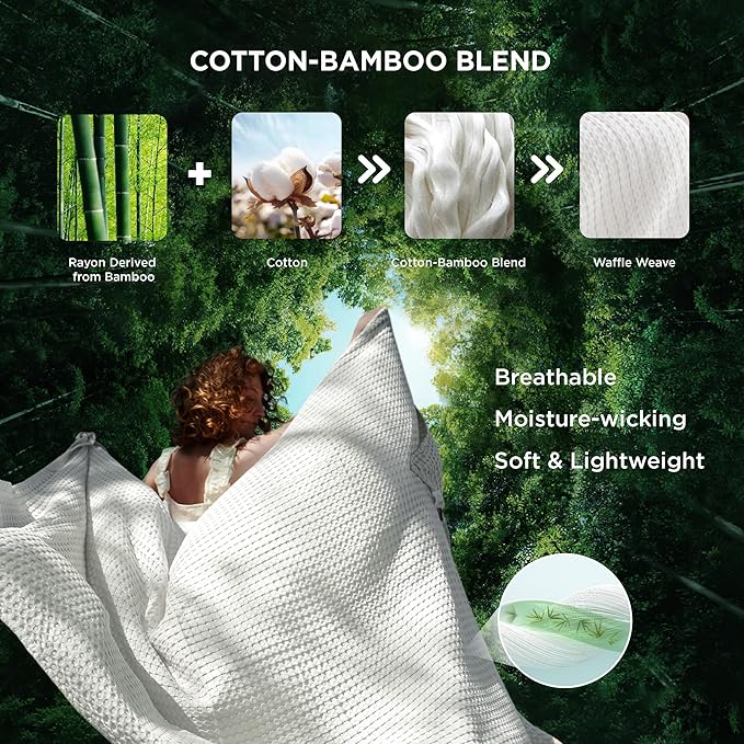 Bedsure Cooling Cotton Waffle Queen Size Blanket - Lightweight Breathable Summer Blanket of Rayon Derived from Bamboo for Hot Sleepers, Luxury Throws for Bed, Couch and Sofa, Fog Blue, 90x90 Inches