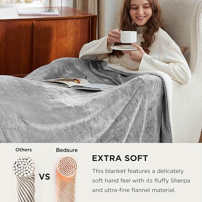Bedsure GentleSoft Sherpa Fleece Oversized Cal King Blankets for Bed - Thick and Warm, Soft Fuzzy Plush Large Blanket for Winter, Light Grey, 112x98 Inches