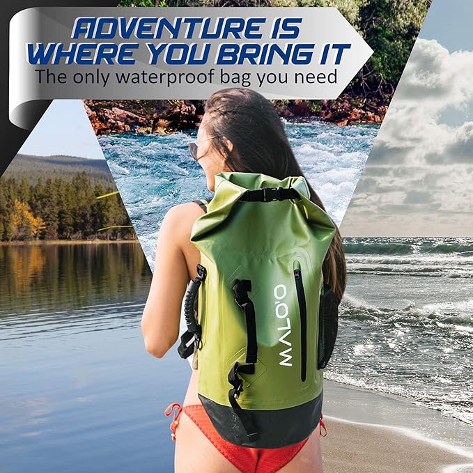 Malo'o 45L Waterproof Heavy Duty Backpack Dry Bags for Kayaking, Camping, Fishing, Hiking Daypack - Beach Accessories, Boat accessories, and Travel Gear - Fishing Rod Case Straps (Green)