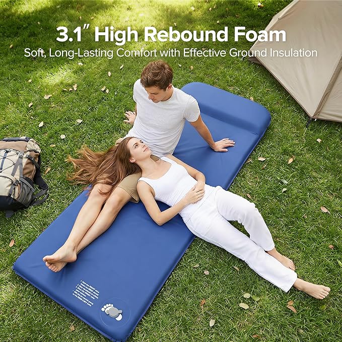 Self-Inflating Sleeping Pad for Camping, 3.1" Ultra-Thick Outdoor Camping Mat with Pillow & 9.5 R-Value, Insulated All-Season Foam Camping Mattress for Camping Travel Tent Car