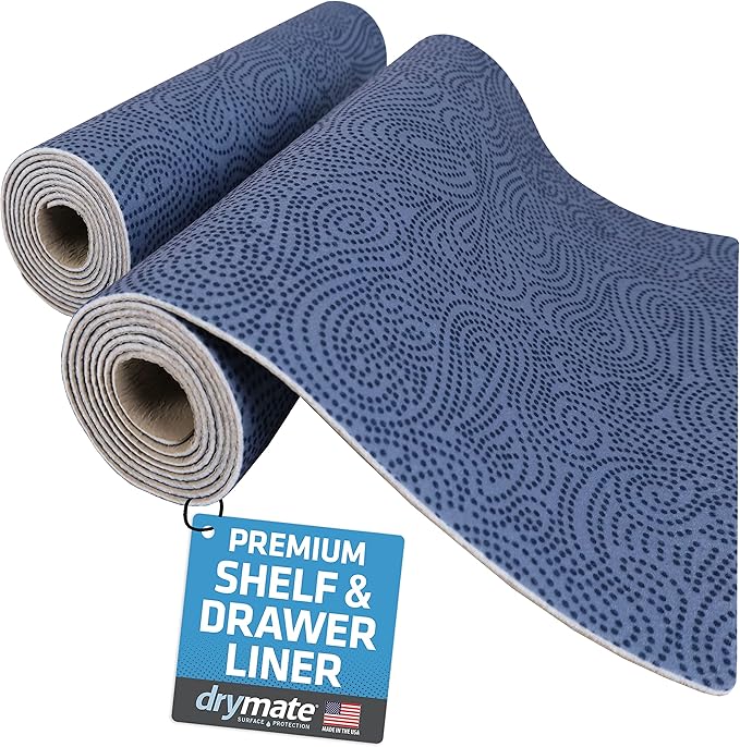 Drymate Premium Luxury Shelf & Drawer Liner, Thick Cushioned Fabric, Non-Adhesive, Absorbent, Waterproof, Slip-Resistant, Liners for Kitchen Cabinets, Cupboards (USA Made)(12”x59”)(2-Pack)(Blue)