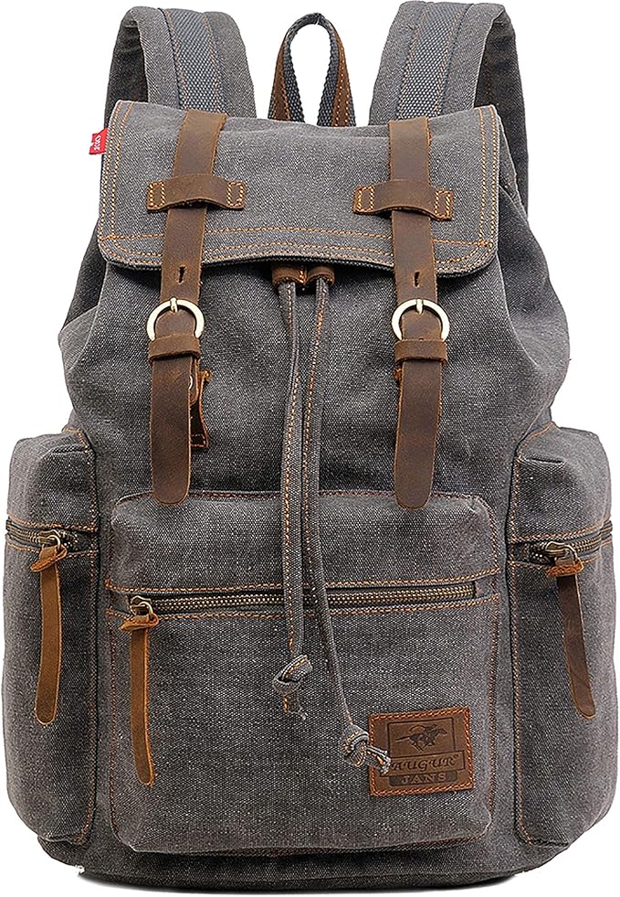 HuaChen Vintage Canvas Travel Backpack with Leather Trim, Laptop Padded Sleeve, Hidden Back Security Pocket, Fits 15-Inch, M32 Gray Large
