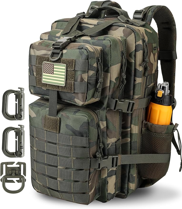 45L MOLLE Assault Backpack, Tactical Backpack Military Army Camping Rucksack with Bottle Holder, 3-Day Pack Trip w/USA Flag Patch, D-Rings, US Woodland
