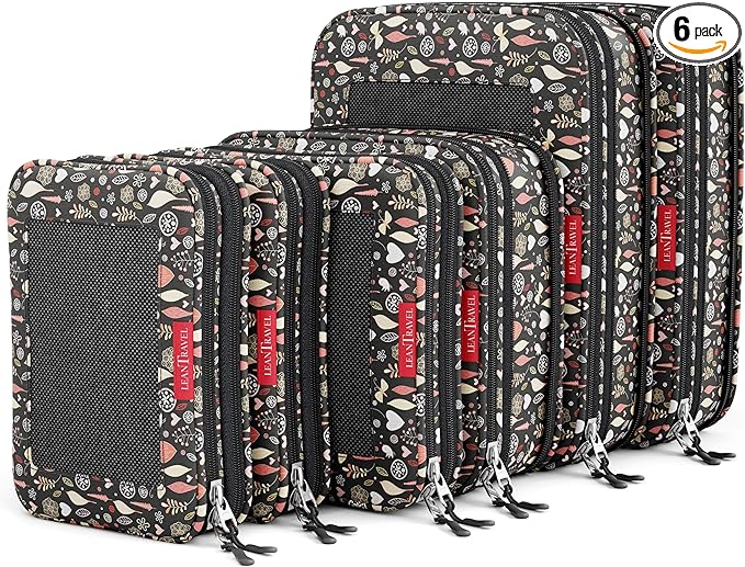 LeanTravel Premium Compression Packing Cubes for Travel - Luggage Organizers with Double Zipper - Sturdy Bags for Suitcase (6-Pack, Flowers)
