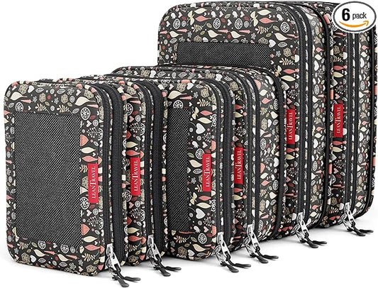 LeanTravel Premium Compression Packing Cubes for Travel - Luggage Organizers with Double Zipper - Sturdy Bags for Suitcase (6-Pack, Flowers)