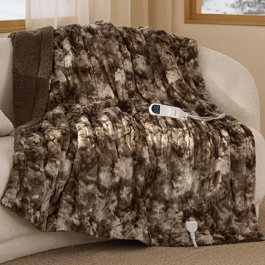 Bedsure Faux Fur Heated Blanket Throw Blanket, Fast Heating Electric Blanket with 6 Heating Levels & 4 Time Settings, Cozy Gifts for Women Men (50x60 inches, Dark Chocolate)