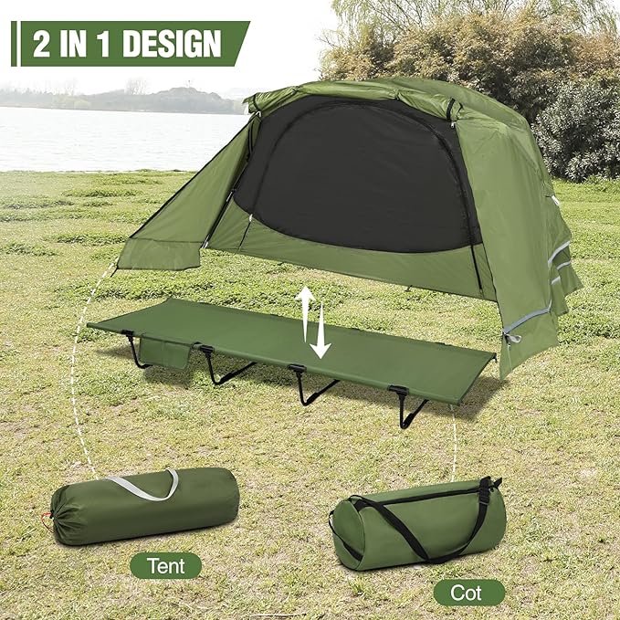 REDCAMP 1 Person Camping Cot Tent for Adults, Waterproof Elevated Tent with Cot for Trip, Picnic, Army Green 75"x28"x48"